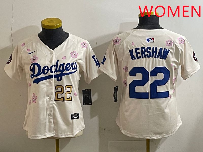 Women Los Angeles Dodgers 22 Kershaw Cream Sakura Edition 2025 Nike MLB Jersey style 2